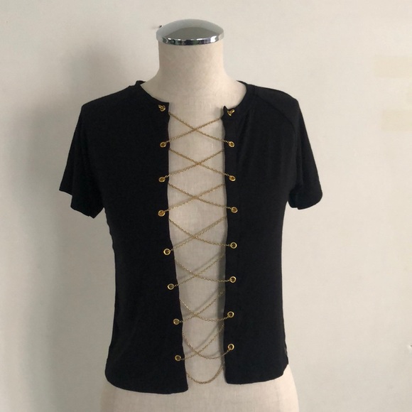 NWT O Mighty Midnight Xtina Tee sexy Chains Lace up cut out Crop top Medium - Picture 5 of 11